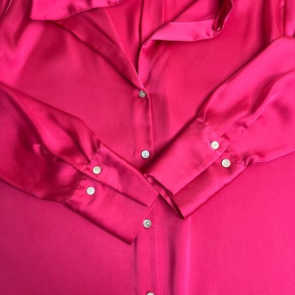 Zara Hot Pink Satin V Neck Long Sleeve Button Front French Cuff Shirt Women XS - Picture 10 of 15